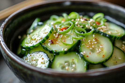 Japanischer Sunomono-Gurkensalat in einer Keramikschale, mit Sesam und Frühlingszwiebeln bestreut
