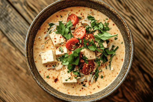 Cremige vegane Tom Yam Suppe in einer Schale, mit frischen Kräutern, Limettenscheiben und Tofu-Stückchen