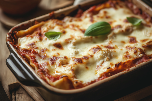 Goldbraun überbackene vegane Blumenkohl-Lasagne mit kräftiger Tomaten-Bolognese und cremiger Crème fraîche, serviert in einer Auflaufform.
