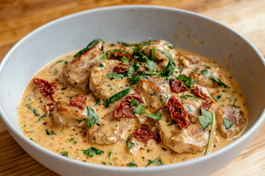 Cremiger veganer Tofu in goldbrauner Kruste, serviert in einer Cashew-Tomaten-Sauce mit Spinat und frischem Basilikum, angerichtet mit Reis.