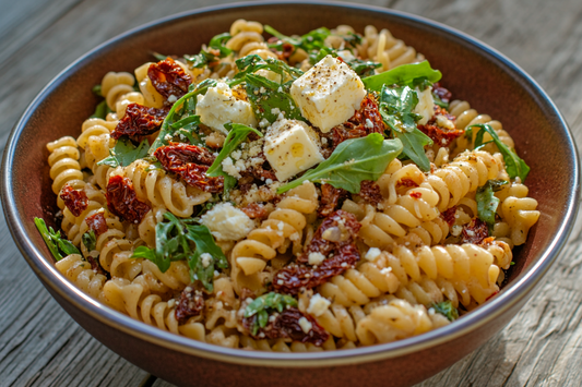 Bunter veganer italienischer Nudelsalat mit getrockneten Tomaten, Rucola und veganem Feta, serviert in einer Schüssel – perfekt zum Grillen