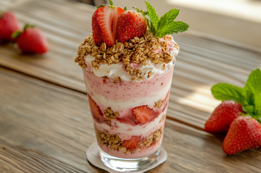 Vegane Erdbeercreme in einem Glas geschichtet mit knusprigem Granola, frischen Erdbeeren und Minze, serviert als sommerliches Dessert.