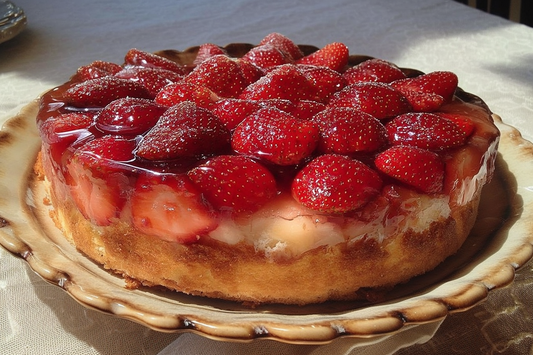 Veganer Erdbeerkuchen mit frischen halbierten Erdbeeren auf lockerem Rührteigboden, serviert auf einem Teller – perfektes Sommerdessert
