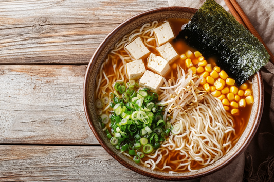 Eine dampfende Schüssel mit veganen Shoyu-Ramen, garniert mit Mais, Sprossen, Tofu, Frühlingszwiebeln und Nori, in einer eleganten Keramikschale.