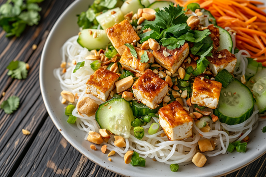 Vietnamesischer Nudelsalat (Bún Chay) auf einem Teller: Reisnudeln, goldbraun gebratener Tofu, knackige Möhrenstifte, Gurken, Sellerie, frischer Koriander, Erdnüsse und Röstzwiebeln, alles leicht mit Dressing überzogen