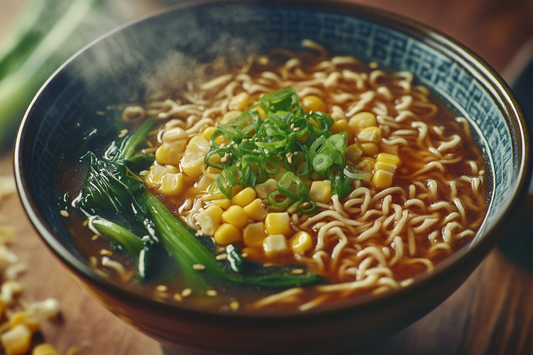 Miso Ramen Suppe aus Japan mit Pak Choi, Frühlingszwiebeln und Mais