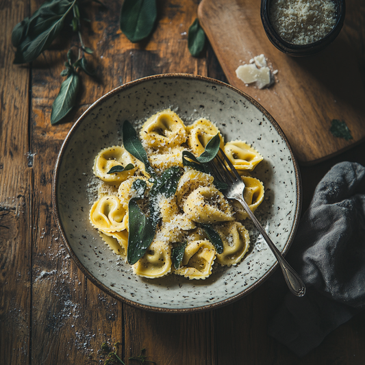 Leckere Tortelloni mit Salbeiblättern und Parmesan