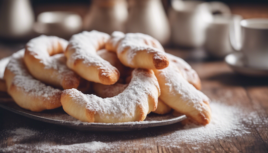 Ein Teller mit frischen Vanillekipferl mit Puderzucker überstreut und Kaffee-Geschirr im Hintergrund