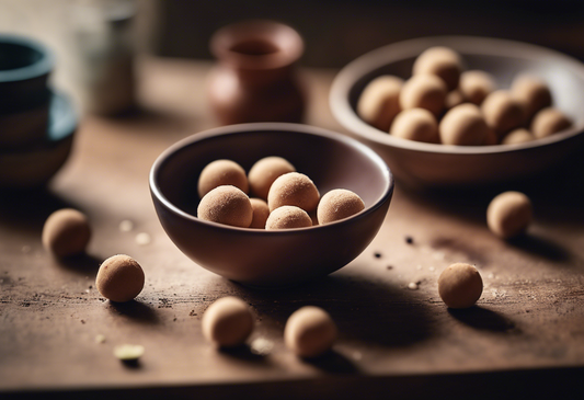 eine Schüssel voll mit veganen Marzipan-Kartoffeln gewälzt in Kakaopulver