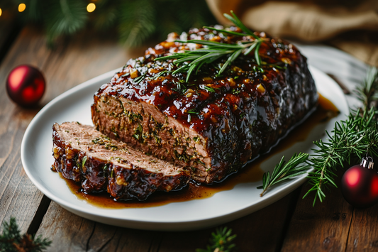 Saftiger veganer Seitanbraten mit einer goldbraunen Kräuterkruste, serviert mit einer aromatischen Bratensoße