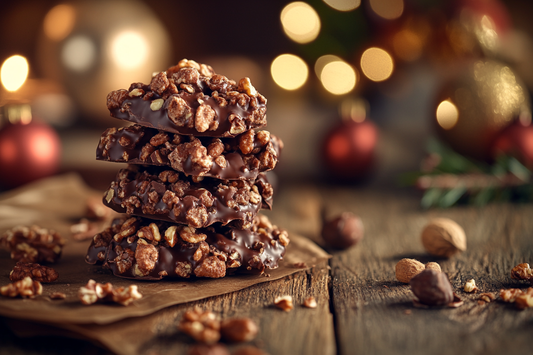 Selbstgemachte vegane Schokocrossies aus Zartbitterschokolade, Cornflakes und Nüssen