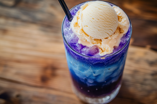 Veganes Anchan Ice Cream Soda in leuchtendem Blau und Lila, mit veganem Vanilleeis, Minze und Zitronenscheiben – ein magisches Sommergetränk.