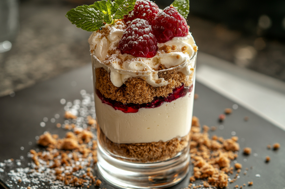 Veganes Himbeer-Spekulatius-Dessert im Glas, geschichtet mit knusprigem Spekulatiusboden, süßer Himbeersauce und Vanille-Cashewcreme, dekoriert mit ganzen Beeren