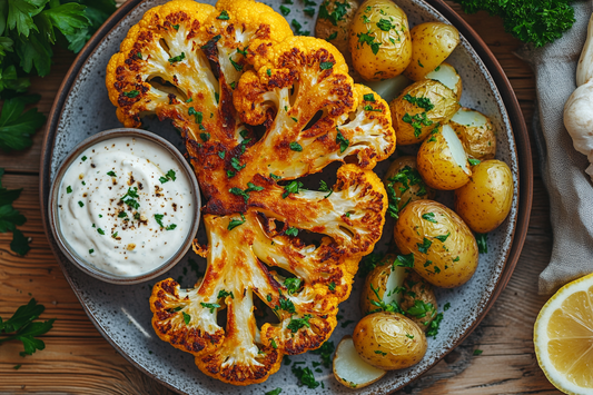 Blumenkohlsteaks mit Paprika-Knoblauch-Marinade, serviert mit zarten Kartoffeln und einem cremigen Knoblauch-Dip, garniert mit frischen Kräutern und Zitronenscheiben