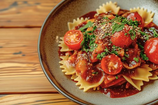 Ein Teller mit Farfalle Nudeln, serviert mit Tomatensauce, frischen Cherry Tomaten, Basilikum und veganem Parmesan.