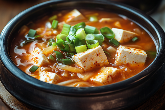 Veganes Kimchi-Jjigae mit Tofu, Kimchi, Pilzen und Frühlingszwiebeln, serviert in einer rustikalen Schüsse