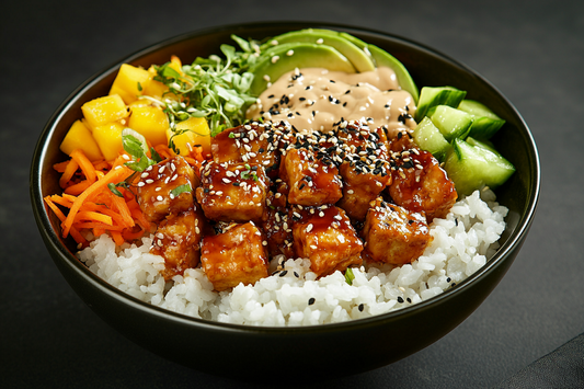 Bunte japanische Superfood-Bowl mit Sushi-Reis, Avocado, Mango, Karottensalat, Edamame und cremigem Sesam-Dressing, serviert in einer schwarzen Schüssel.