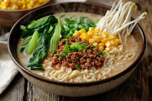 Eine dampfende Schüssel vegane Tantanmen Ramen mit cremiger Brühe, würzigem Hack, frischem Pak Choi und knackigen Sprossen