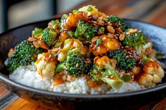 Bunte Wokpfanne mit Brokkoli und Blumenkohl, serviert mit fluffigem Reis und verfeinert mit einer würzigen Miso-Sauce.