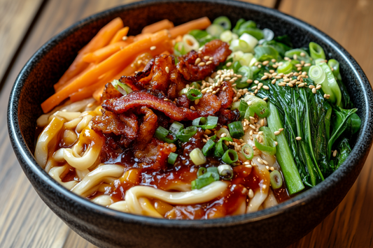 Eine Schale Udon-Nudeln mit würziger Soße, knackigem Gemüse und knusprigem veganem Bacon, bestreut mit geröstetem Sesam und Frühlingszwiebeln.