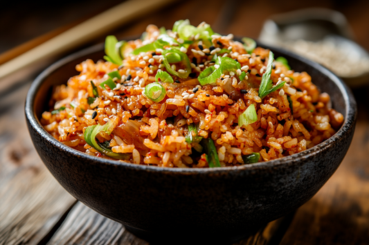 Eine Schale mit würzigem Kimchi Fried Rice, garniert mit Frühlingszwiebeln und Sesam.