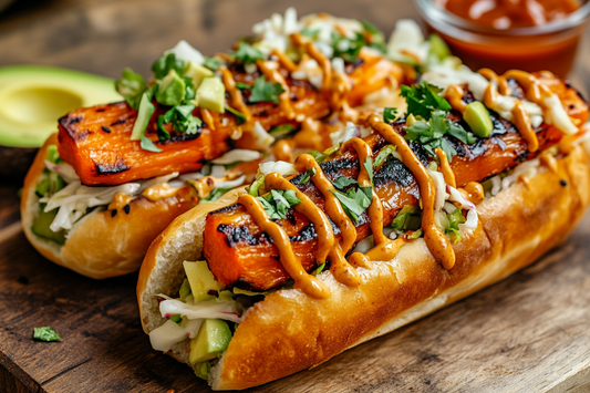 Vegane Möhren-Hotdogs in fluffigen Brötchen, belegt mit knackigem Krautsalat, Avocado und Gewürzgurken, dazu Ketchup und Senf – eine farbenfrohe und köstliche Alternative zum klassischen Hotdog.