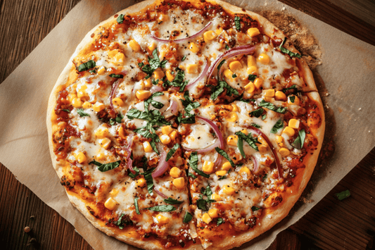 Vegane Fladenbrotpizza mit Tomatensauce, geschmolzenem Käse, Zwiebeln und buntem Gemüse auf einem Backpapier – knusprig, bunt und ofenfrisch serviert.