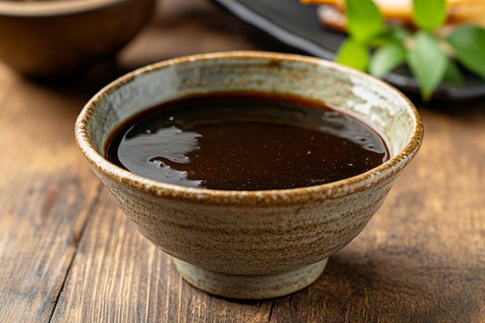 Selbstgemachte vegane Teriyaki-Sauce in einer kleinen Schale