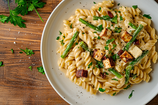 Vegane Pasta mit grünem Spargel und knusprig gebratenem Räuchertofu in einer cremigen Sahnesauce, angerichtet auf einem weißen Teller mit frischen Kräutern garniert.