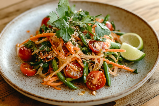 Nahaufnahme eines bunten veganen Papayasalats (Som Tam) mit Möhrenstreifen, grünen Bohnen, Kirschtomaten und Erdnüssen, garniert mit frischem Koriander auf einem hellen Teller – typisch thailändisch angerichtet.
