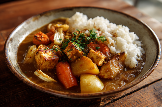 Cremiges veganes japanisches Curry (Kare Raisu) mit Reis, Kartoffeln, Karotten, Zwiebeln und Tofu, serviert in einer Schüssel – farbenfroh, sämig und sättigend.