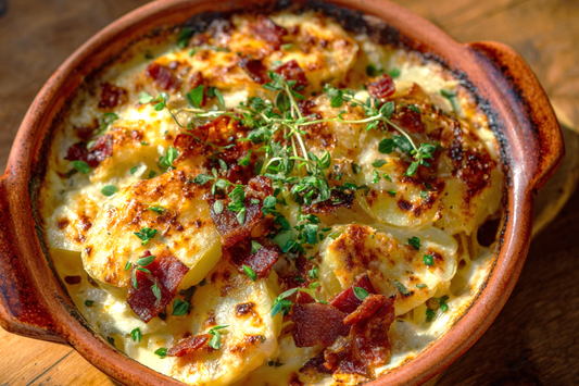 Überbackener Chicorée mit Kartoffeln, veganem Bacon und goldbrauner Käsekruste in einer Auflaufform