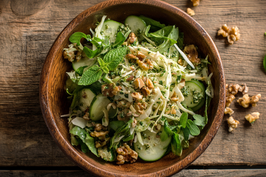 Frischer Superfood-Salat mit Spitzkohl, Gurke, Spinat-Basilikum-Dressing und knackigen Walnüssen in einer Schüssel serviert