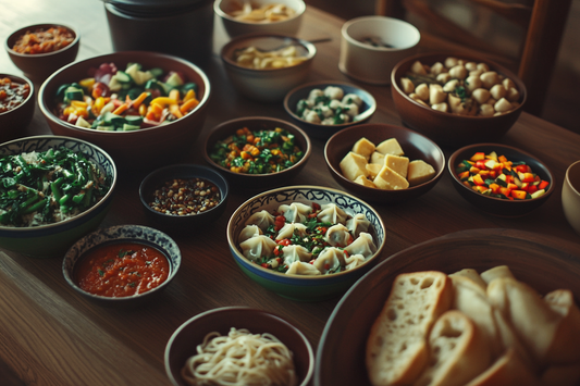 Ein festlich gedeckter Tisch mit verschiedenen veganen Raclette-Zutaten