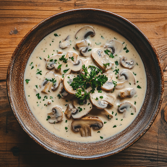 Vegane Pilzrahmsauce mit Petersilie in einer Schale