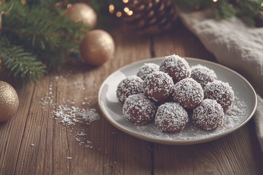 Vegane Rumkugeln mit Kokosflocken auf einem Teller umgeben von Weihnachtsdekoration