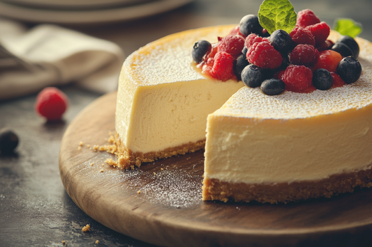 Saftiger, veganer Käsekuchen mit Früchten und Puderzucker