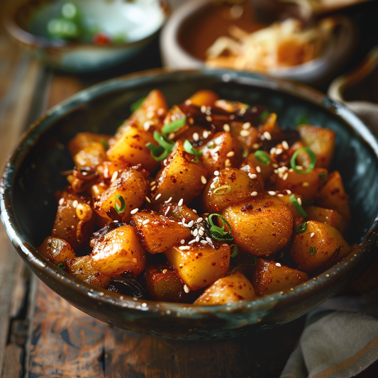 Goldbraun glasierte Kartoffelwürfel in einer herzhaften, süß-salzigen koreanischen Sauce, garniert mit geröstetem Sesam und Frühlingszwiebeln.