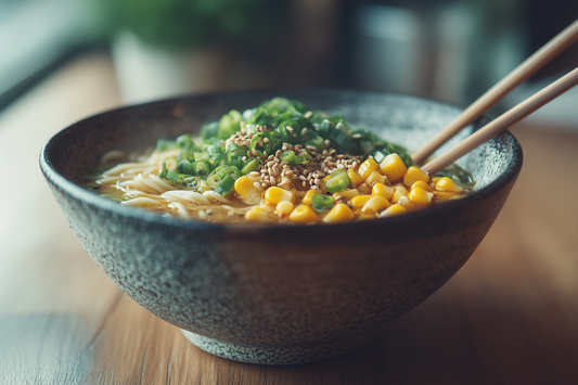 Eine Schüssel vegane Shio Ramen mit klarer Brühe, garniert mit Frühlingszwiebeln und Mais, in einer eleganten Keramikschale serviert.