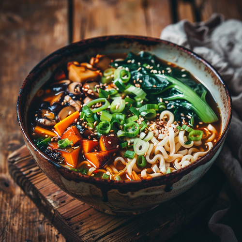 Eine Schüssel mit Miso Ramen Suppe mit Nudeln Pak-Choi, Tofu, Frühlingszwiebeln und Shiitake Pilzen