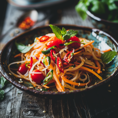 Eine Schale Som Tam Papaya – ein erfrischender thailändischer Salat aus grüner Papaya, Karotten, Tomaten und Erdnüssen, gewürzt mit Limettensaft, Chili und Knoblauch, garniert mit frischen Korianderblättern.