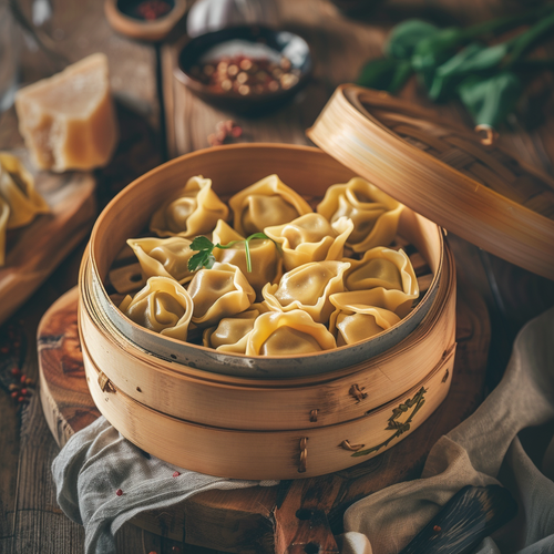 Ein Teller Wan Tan Teigtaschen – zarte, gefüllte Teigtaschen mit einer Mischung aus mariniertem Tofu, Gemüse und feinen Gewürzen, knusprig gebraten und serviert mit einer würzigen Sojasauce zum Dippen.