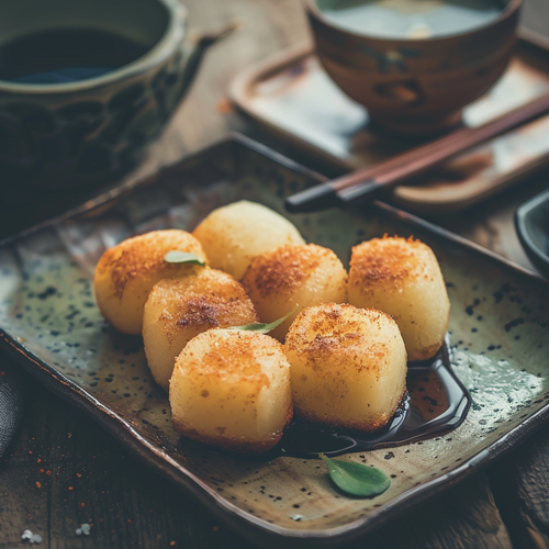 Frische Potato Mochi – kleine Kartoffelbällchen, außen knusprig und innen zart, serviert mit einer herzhaften Sojasauce zum Dippen. Perfekt als Vorspeise oder Snack